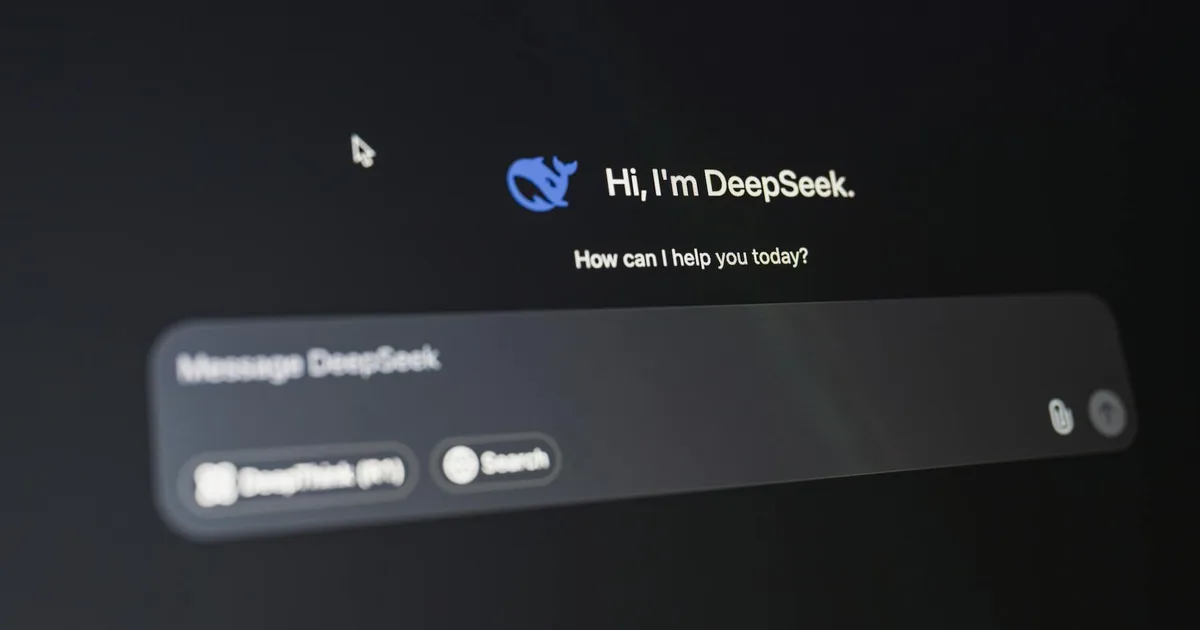 A detailed view of the DeepSeek AI interface, displaying a welcoming message on a dark background.