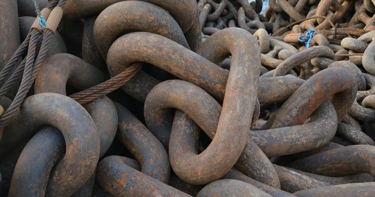 Detailed view of large intertwined rusty metal chains, showcasing texture and industrial design.
