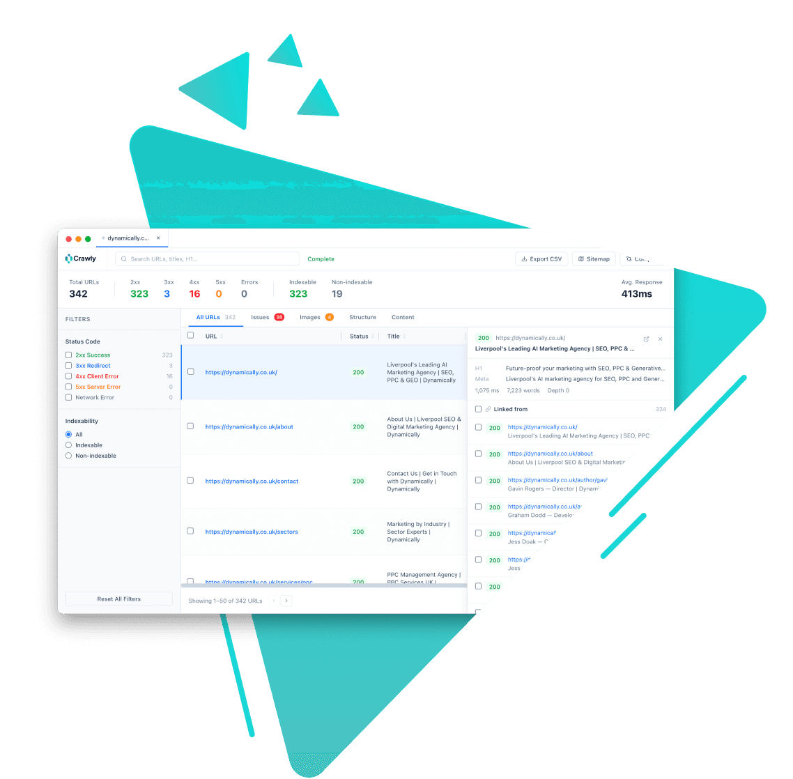 Crawly SEO spider desktop app showing a site crawl with status codes, titles and an inlinks panel
