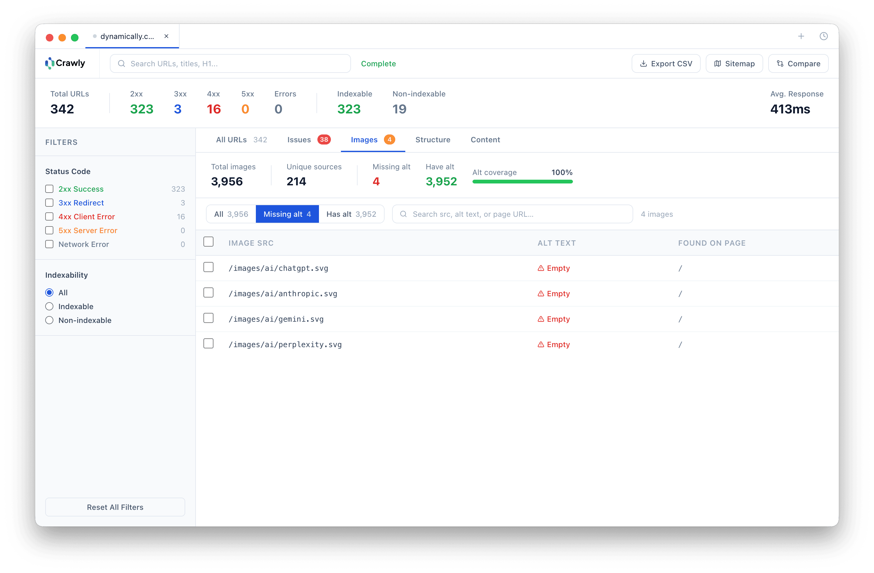 Crawly image audit tab showing 3,956 total images with 4 missing alt text highlighted