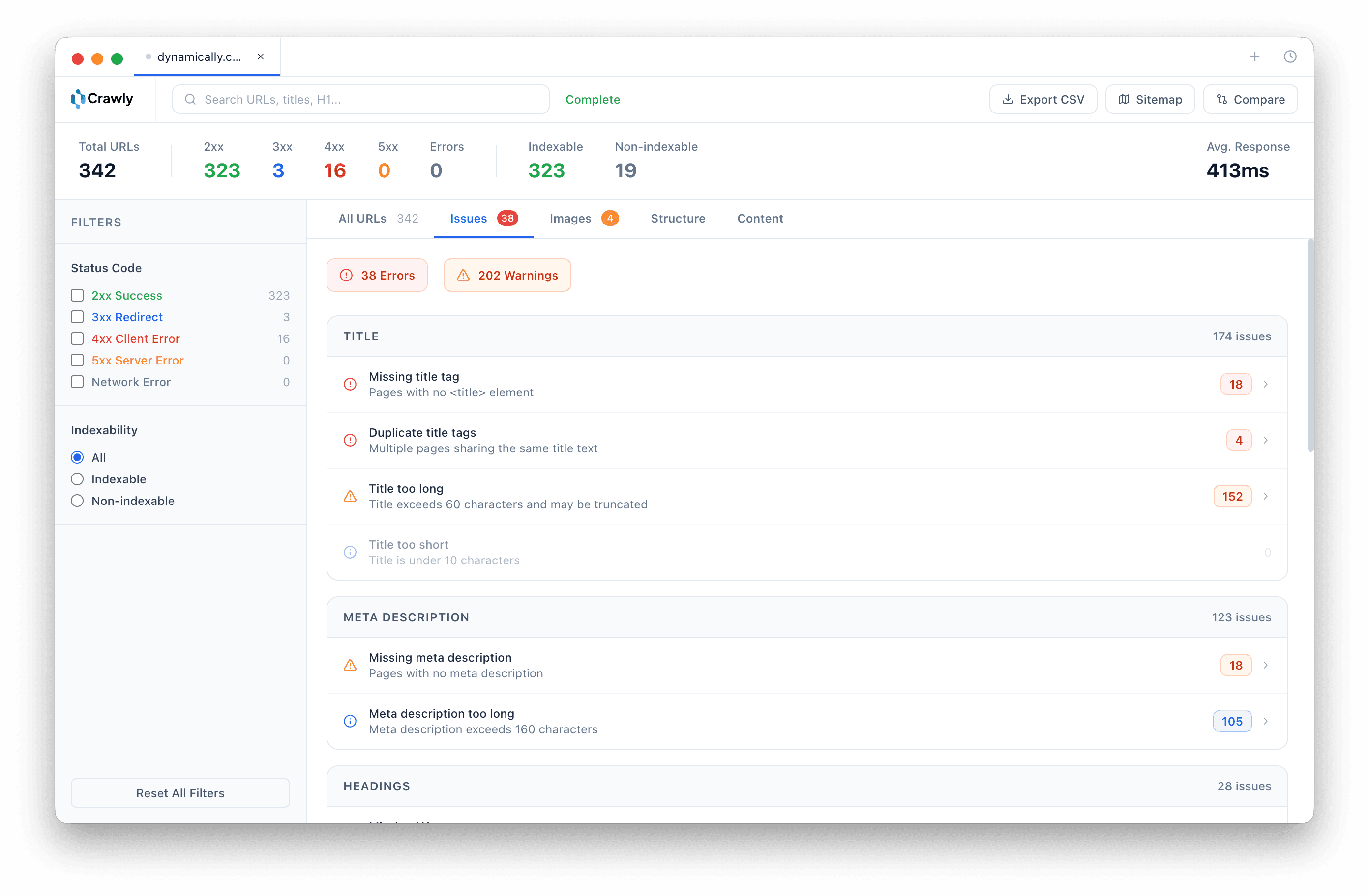 Crawly issues dashboard showing 38 errors and 202 warnings grouped by title, meta description and heading categories