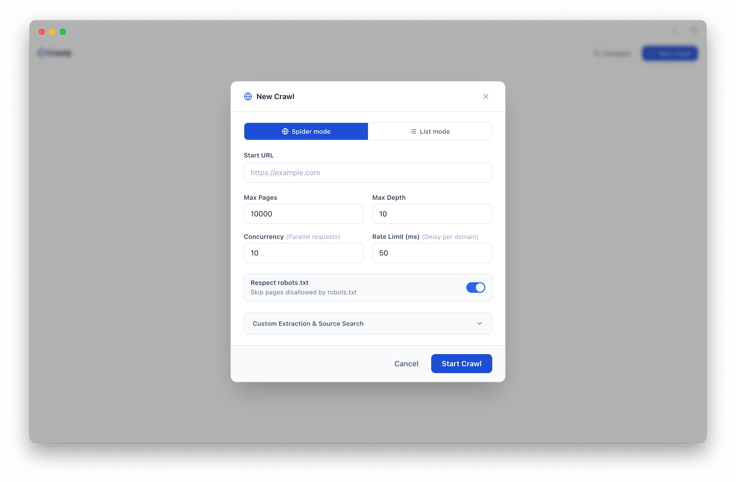 Crawly new crawl modal with spider mode selected, start URL field, max pages, depth, concurrency and rate limit settings