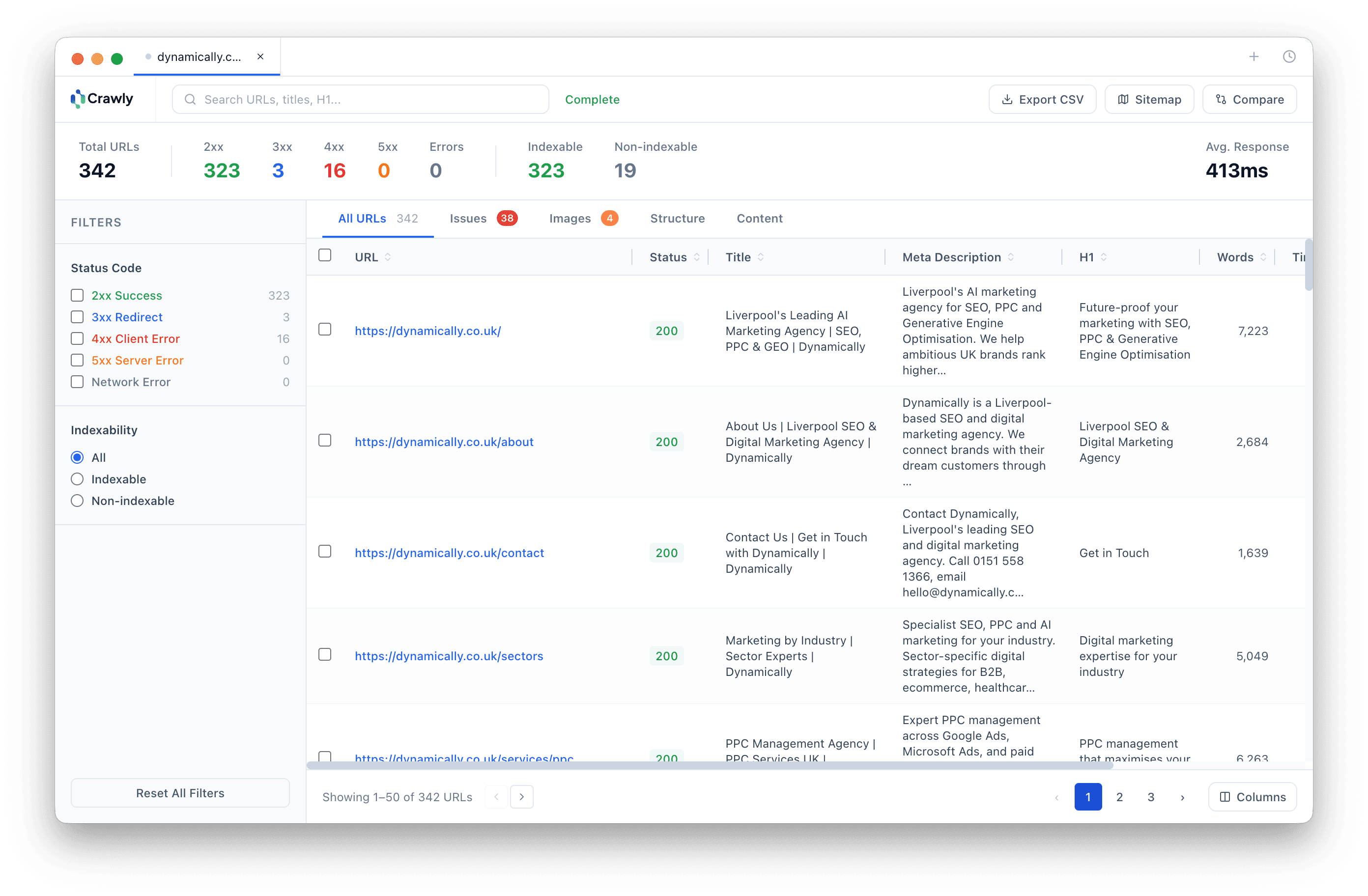 Crawly pages overview showing URL list with status codes, titles, meta descriptions, H1s and word counts